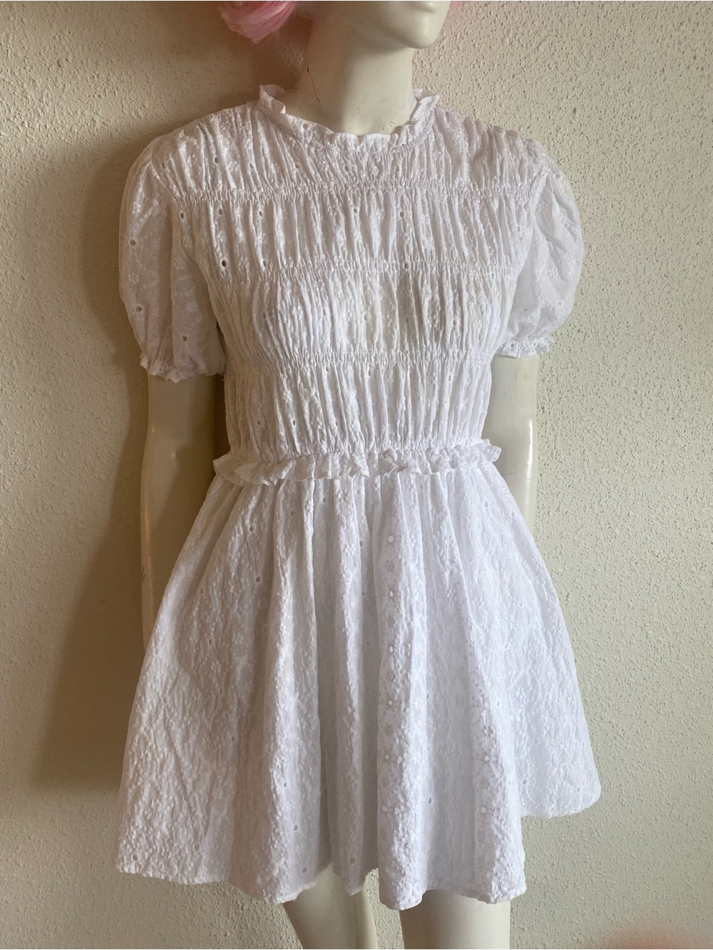 White Cotton Eyelet Smocked Babydoll Prairie Dress M